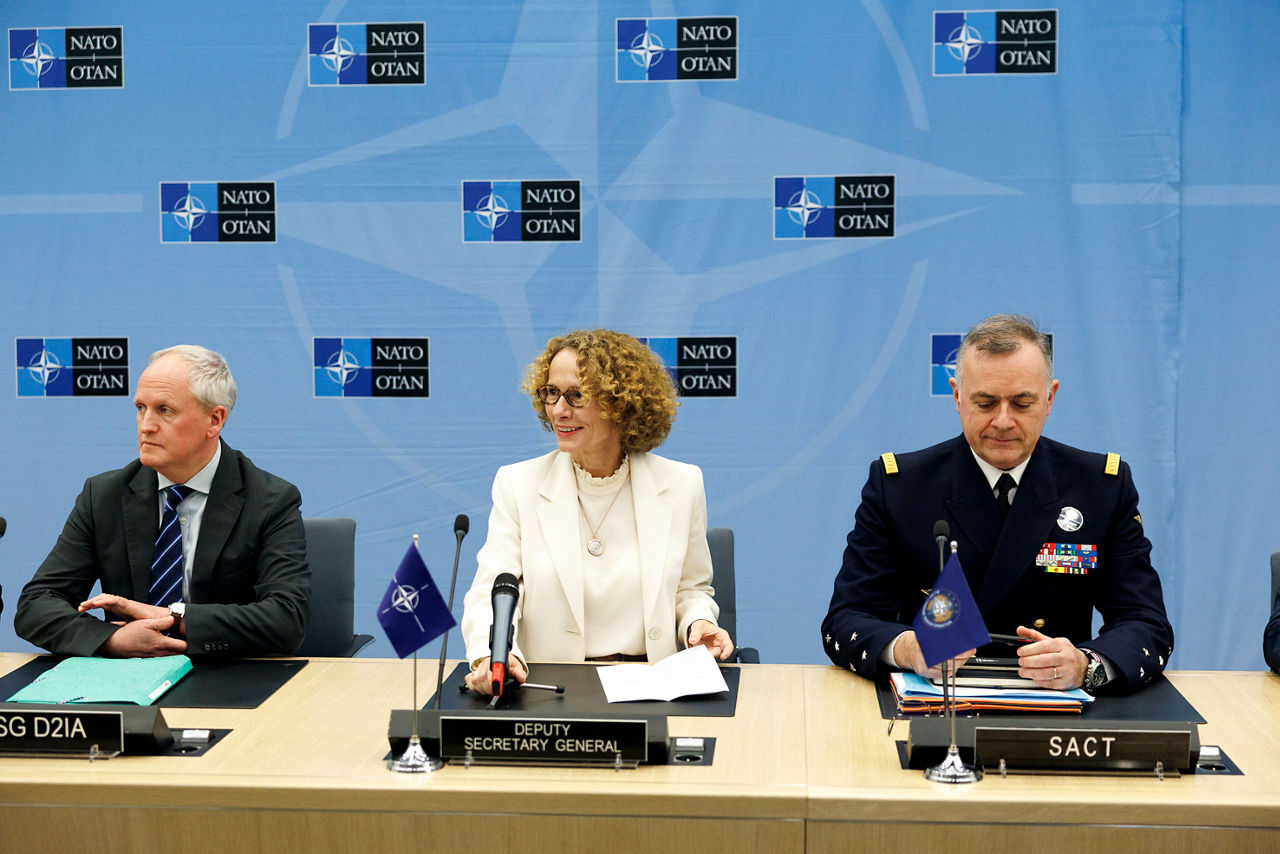 Robert Weaver (Deputy Assistant Secretary General D2IA Division), NATO Deputy Secretary General Radmila Shekerinska and Supreme Allied Commander Transformation, Admiral Pierre Vandier