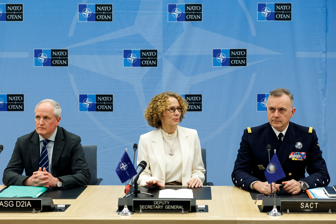 Robert Weaver (Deputy Assistant Secretary General D2IA Division), NATO Deputy Secretary General Radmila Shekerinska and Supreme Allied Commander Transformation, Admiral Pierre Vandier