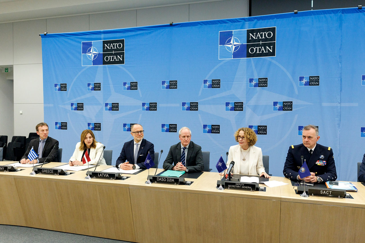 Representative for Germany, Vasiliki Gounari (NATO Permanent Representative for Greece), Andris Sprūds (Minister of Defence, Latvia), Robert Weaver (Deputy Assistant Secretary General D2IA Division), NATO Deputy Secretary General Radmila Shekerinska and Supreme Allied Commander Transformation, Admiral Pierre Vandier