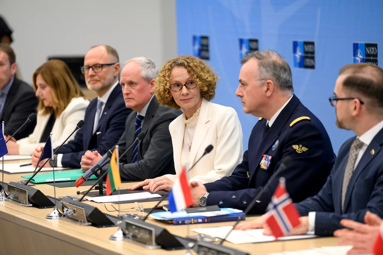 Representative for Germany, Vasiliki Gounari (NATO Permanent Representative for Greece), Andris Sprūds (Minister of Defence, Latvia) and Robert Weaver (Deputy Assistant Secretary General D2IA Division), NATO Deputy Secretary General Radmila Shekerinska and Supreme Allied Commander Transformation, Admiral Pierre Vandier