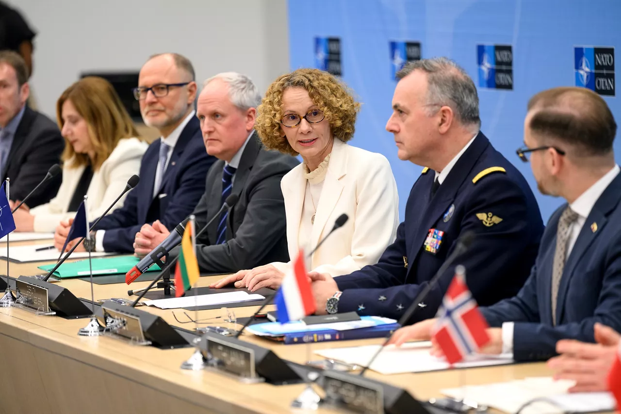 Representative for Germany, Vasiliki Gounari (NATO Permanent Representative for Greece), Andris Sprūds (Minister of Defence, Latvia) and Robert Weaver (Deputy Assistant Secretary General D2IA Division), NATO Deputy Secretary General Radmila Shekerinska and Supreme Allied Commander Transformation, Admiral Pierre Vandier