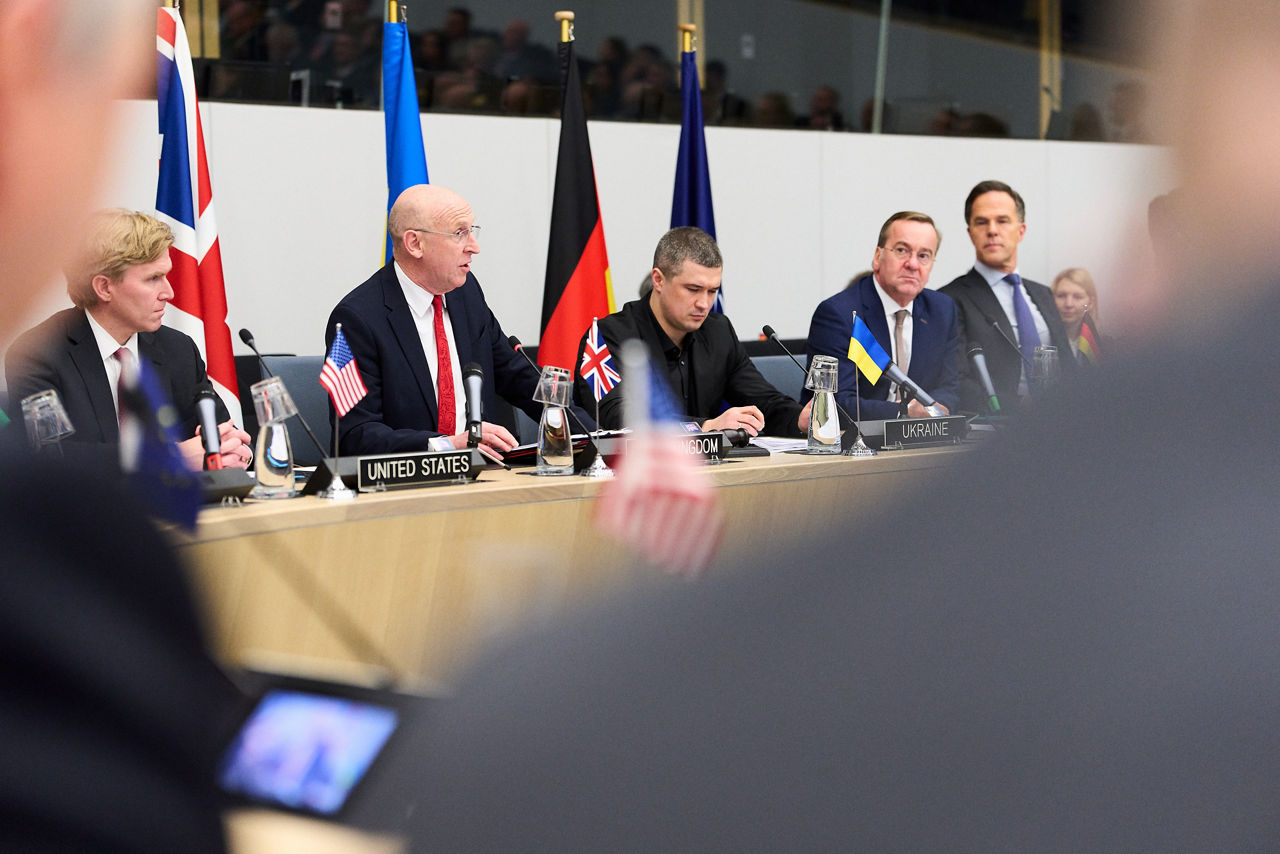 Elbridge A. Colby (US Under Secretary of War), John Healey (Minister of Defence, United Kingdom), Mykhailo Fedorov (Minister of Defence, Ukraine), Boris Pistorius (Minister of Defence, Germany) and NATO Secretary General Mark Rutte