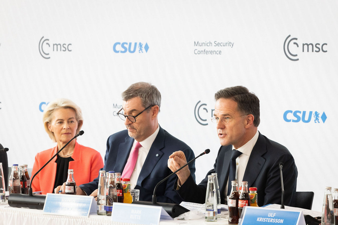 [from left to right] Ursula von der Leyen, President of the European Commission, Markus Söder, Minister-President of Bavaria and NATO Secretary General Mark Rutte