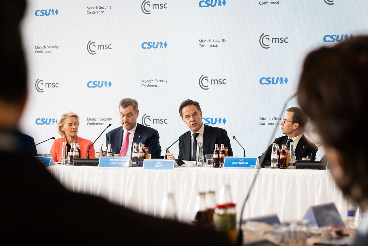 [from left to right] Ursula von der Leyen, President of the European Commission, Markus Söder, Minister-President of Bavaria, NATO Secretary General Mark Ruttee, Ulf Kristersson, Prime Minister of Sweden and Roger Wicker, US Senator, Chairman of the Senate Committee on Armed Services
