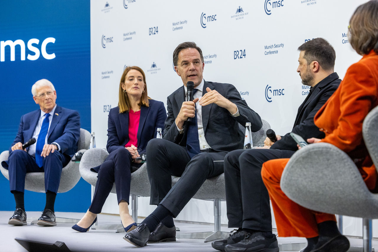 NATO Secretary General Mark Rutte participates in Munich Security Conference panel with Roger Wicker, US Senator and Chairman of the Senate Committee on Armed Services; Roberta Metsola, President of the European Parliament; and Volodymyr Zelenskyy, President of Ukraine