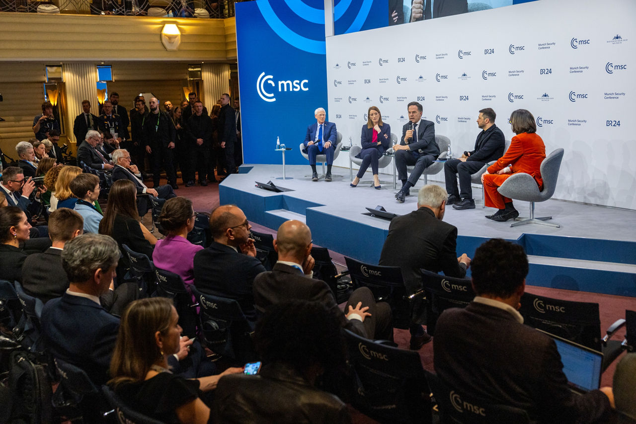 NATO Secretary General Mark Rutte participates in Munich Security Conference panel with Roger Wicker, US Senator and Chairman of the Senate Committee on Armed Services; Roberta Metsola, President of the European Parliament; and Volodymyr Zelenskyy, President of Ukraine