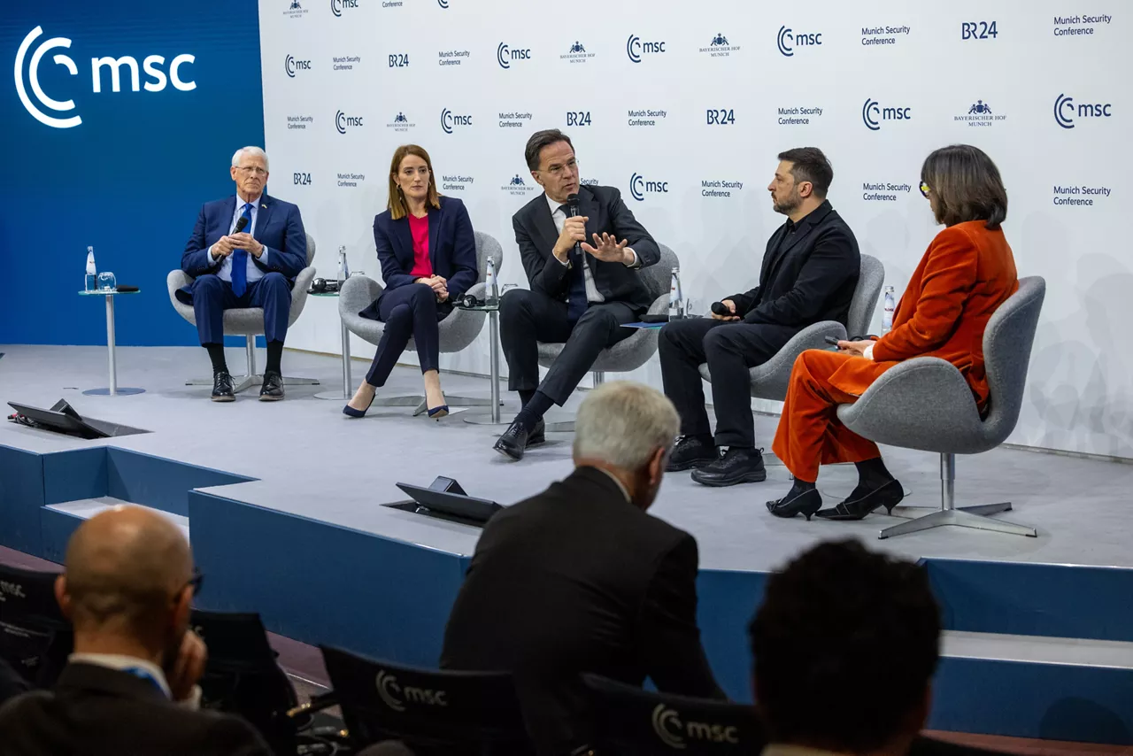 NATO Secretary General Mark Rutte participates in Munich Security Conference panel with Roger Wicker, US Senator and Chairman of the Senate Committee on Armed Services; Roberta Metsola, President of the European Parliament; and Volodymyr Zelenskyy, President of Ukraine