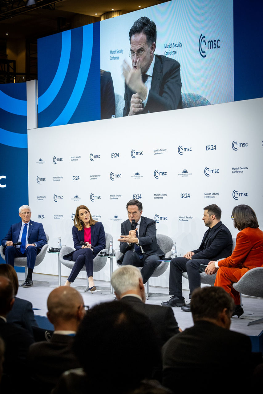 NATO Secretary General Mark Rutte participates in Munich Security Conference panel with Roger Wicker, US Senator and Chairman of the Senate Committee on Armed Services; Roberta Metsola, President of the European Parliament; and Volodymyr Zelenskyy, President of Ukraine
