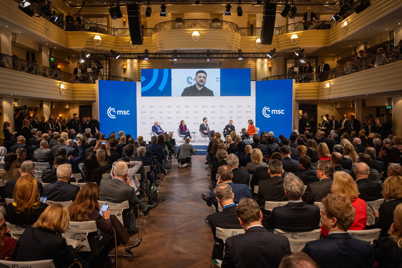 NATO Secretary General Mark Rutte participates in Munich Security Conference panel with Roger Wicker, US Senator and Chairman of the Senate Committee on Armed Services; Roberta Metsola, President of the European Parliament; and Volodymyr Zelenskyy, President of Ukraine