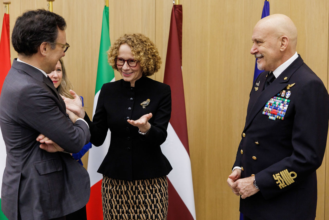 [from left to right] Marcos Perestrello, President of the NATO Parliamentary Assembly, NATO Deputy Secretary General Radmila Shekerinska and Admiral Giuseppe Cavo Dragone, Chair of the Military Committee
