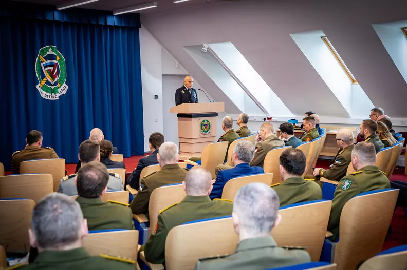 The Chair of the NATO Military Committee, Admiral Giuseppe Cavo Dragone delivering a lecture to the Higher Command Study Course, Baltic Defence College, Tartu.