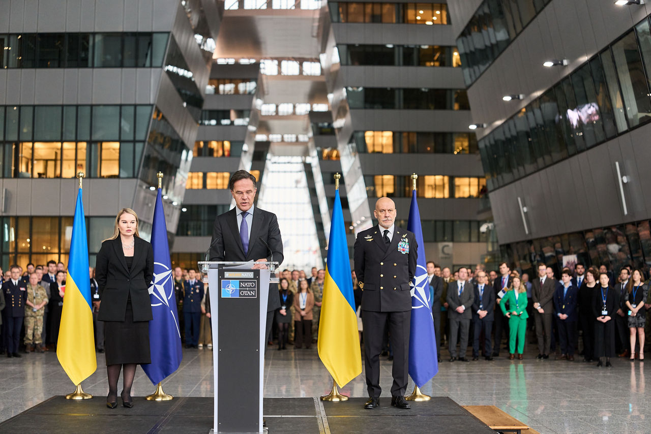 [from left to right] Alyona Getmanchuk, Head of Ukraine's Mission to NATO, NATO Secretary General Mark Rutte and Admiral Giuseppe Cavo Dragone, Chair of the Military Committee