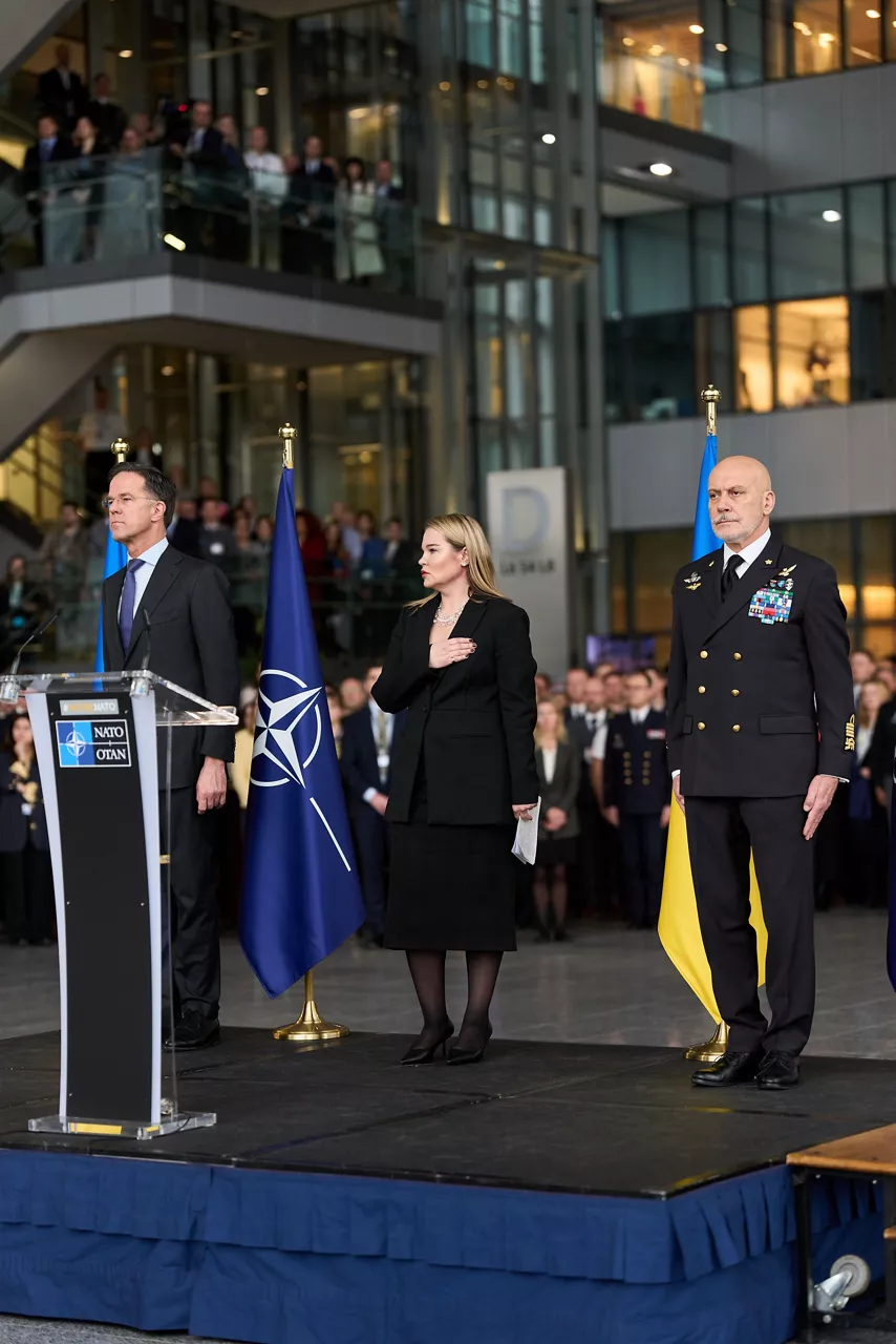 [from left to right] Alyona Getmanchuk, Head of Ukraine's Mission to NATO, NATO Secretary General Mark Rutte and Admiral Giuseppe Cavo Dragone, Chair of the Military Committee