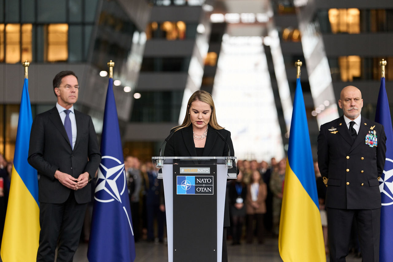[from left to right] NATO Secretary General Mark Rutte, Alyona Getmanchuk, Head of Ukraine's Mission to NATO and Admiral Giuseppe Cavo Dragone, Chair of the Military Committee