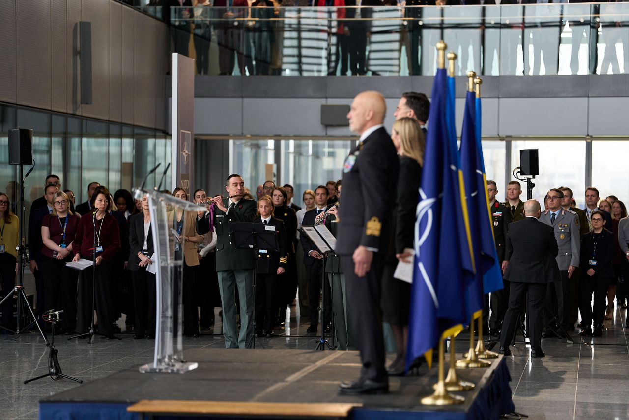 [from left to right] NATO Secretary General Mark Rutte, Alyona Getmanchuk, Head of Ukraine's Mission to NATO and Admiral Giuseppe Cavo Dragone, Chair of the Military Committee