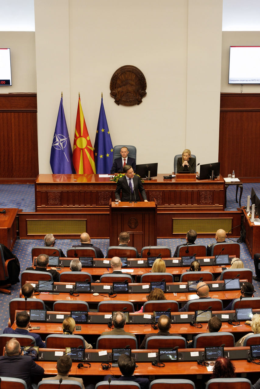 NATO Secretary General Mark Rutte addressing the members of the Assembly of North Macedonia