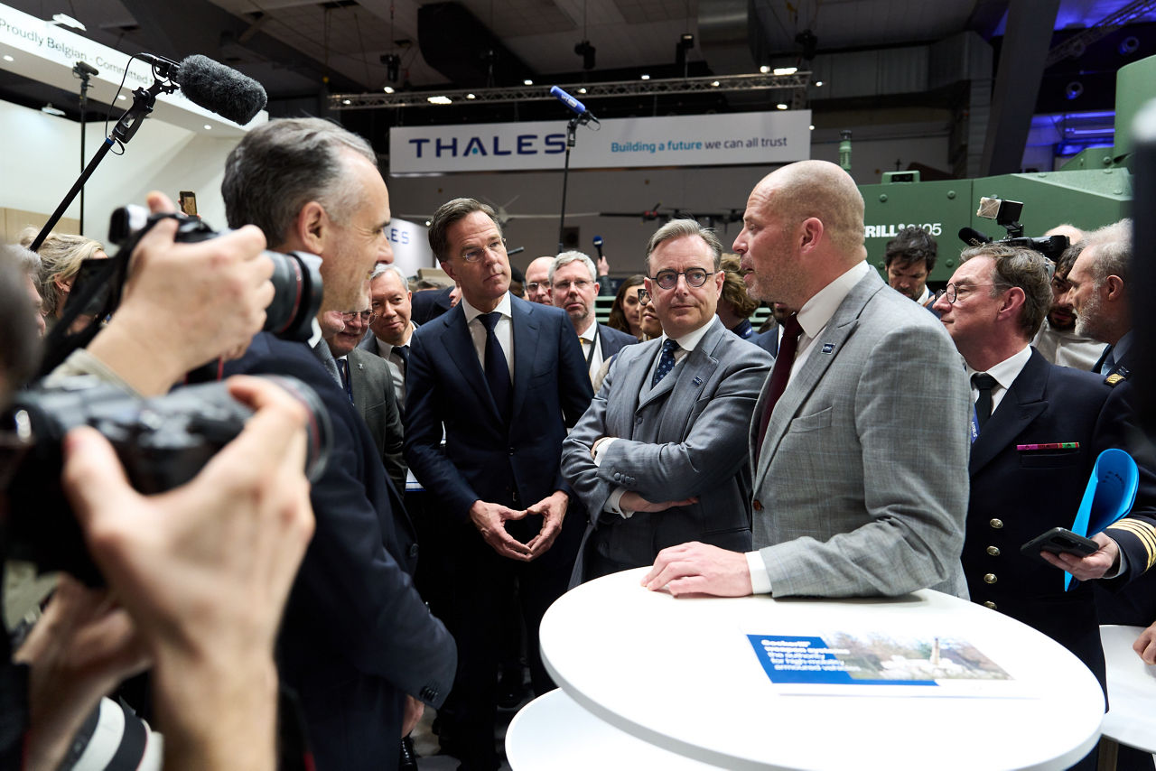 NATO Secretary General Mark Rutte with Bart De Wever, Prime Minister of Belgium and Theo Francken, Minister of Defence of Belgium at the exhibition at BEDEX 2026