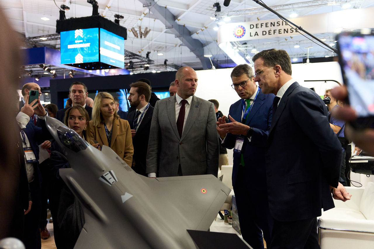 NATO Secretary General Mark Rutte with Bart De Wever, Prime Minister of Belgium and Theo Francken, Minister of Defence of Belgium at the exhibition at BEDEX 2026