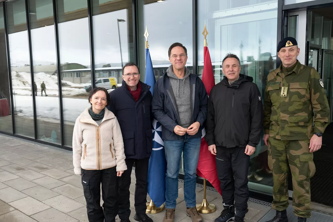 NATO Secretary General Mark Rutte with Tore O. Sandvik, Minister of Defence of Norway, Espen Barth Eide, Minister of Foreign Affairs of Norway, and Anita Nergaard, Permanent Representative of Norway to NATO at the Bardufoss Airbase in Norway