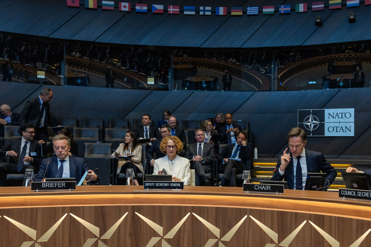[from left to right] Martin Briens, Secretary General of the French Ministry for Europe and Foreign Affairs, NATO Deputy Secretary General Radmila Shekerinska and NATO Secretary General Mark Rutte at the North Atlantic Council