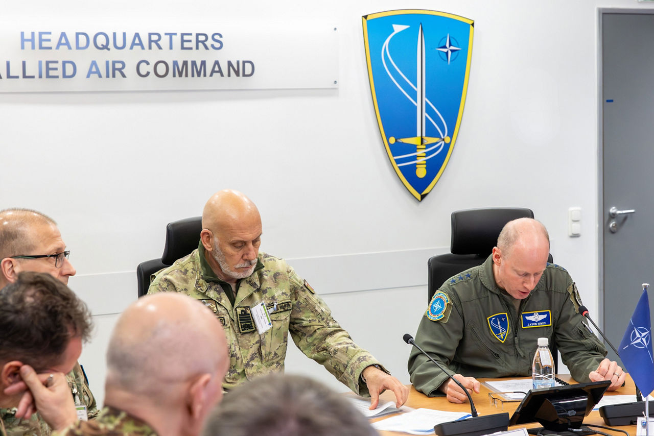 Left to Right: The Director General of the International Military Staff (DGIMS), Lieutenant General Remigijus Baltrėnas, the Chair of the NATO Military Committee, Admiral Giuseppe Cavo Dragone, and Allied Air Command (AIRCOM) Commander, Lieutenant General Jason T. Hinds, during briefings