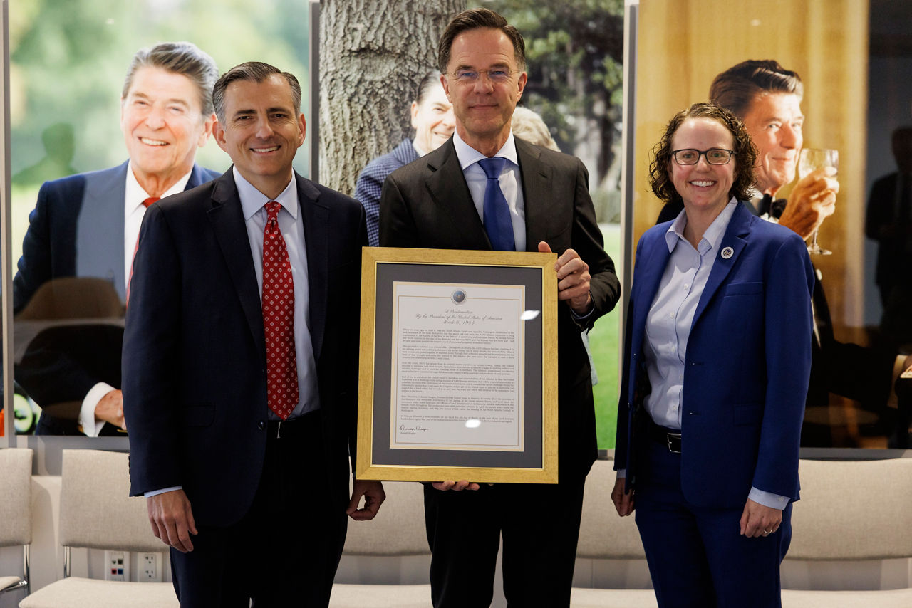 NATO Secretary General Mark Rutte with David Trulio, President and CEO of the Ronald Reagan Presidential Foundation and Institute and Rachel Hoff, Reagan Institute Policy Director
