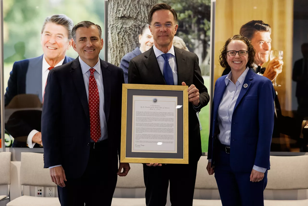 NATO Secretary General Mark Rutte with David Trulio, President and CEO of the Ronald Reagan Presidential Foundation and Institute and Rachel Hoff, Reagan Institute Policy Director