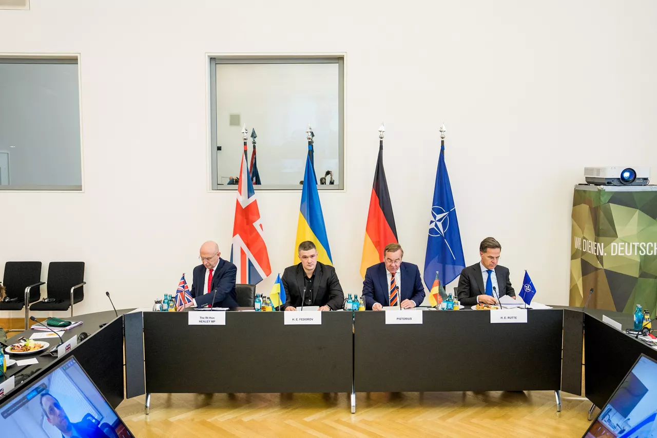 NATO Secretary General Mark Rutte with Boris Pistorius, Minister of Defence of Germany, John Healey, Secretary of State for Defence of the United Kingdom, and Mykhailo Fedorov, Minister of Defence of Ukraine