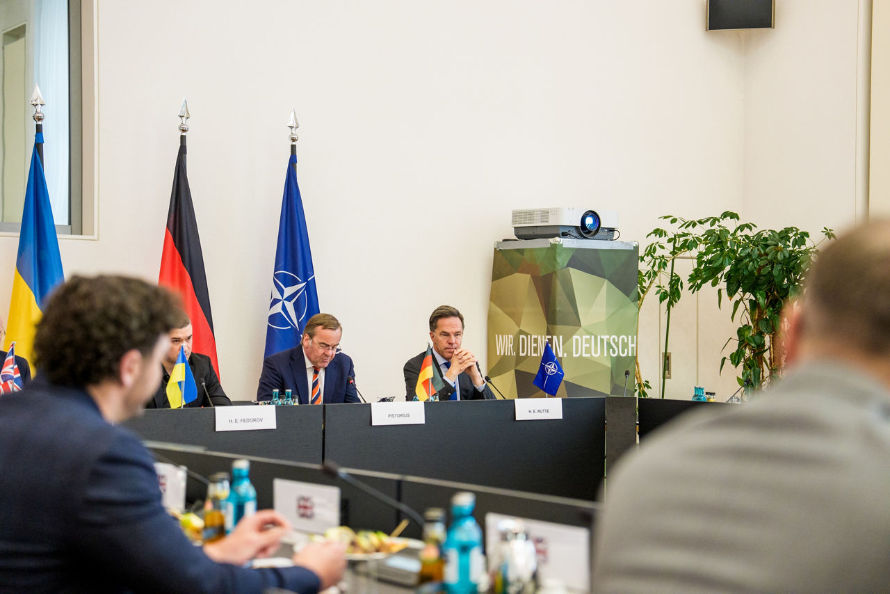 NATO Secretary General Mark Rutte with Boris Pistorius, Minister of Defence of Germany, John Healey, Secretary of State for Defence of the United Kingdom, and Mykhailo Fedorov, Minister of Defence of Ukraine