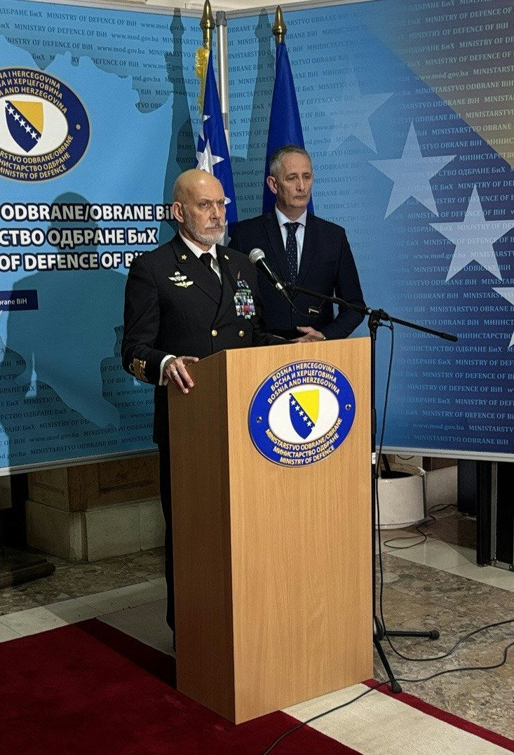 Chair of the NATO the Military Committee, Admiral Giuseppe Cavo Dragone, participating in a Press Conference alongside, the Deputy Minister of Defence for Policy and Plans, Mr. Slaven Galić