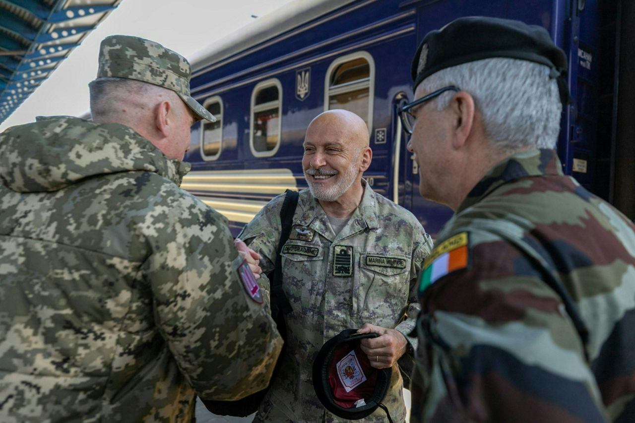 The Chair of the NATO Military Committee, Admiral Giuseppe Cavo Dragone and the Chair of the EU Military Committee (CEUMC), General Seán Clancy arriving to Kyiv, Ukraine.