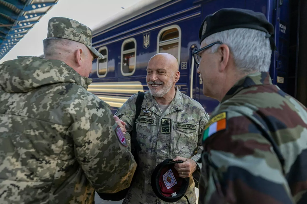 The Chair of the NATO Military Committee, Admiral Giuseppe Cavo Dragone and the Chair of the EU Military Committee (CEUMC), General Seán Clancy arriving to Kyiv, Ukraine.