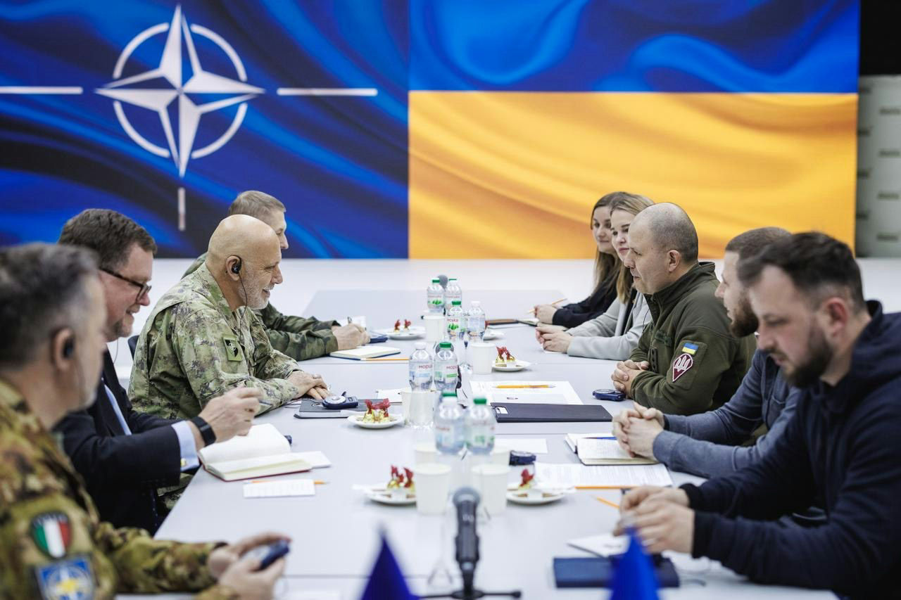 Office Call between the Chair of the NATO Military Committee, Admiral Giuseppe Cavo Dragone; NATO Senior Representative in Ukraine, Mr. Patrick Turner; the Deputy Minister of Defence of Ukraine, Lieutenant General Yevhen Moisiuk.