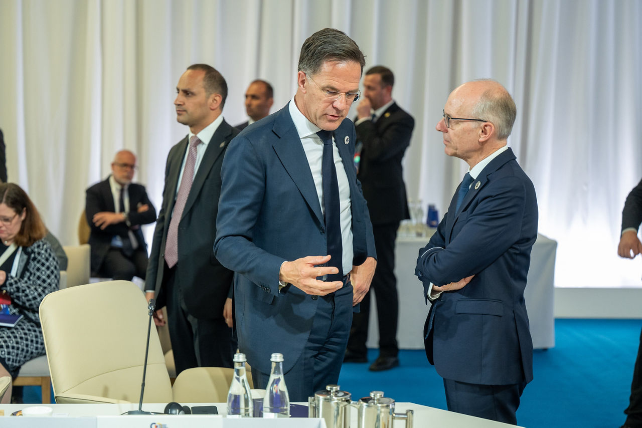 NATO Secretary General Mark Rutte and Luc Frieden, Prime Minister of Luxembourg at the plenary session of the 8th meeting of the European Political Community