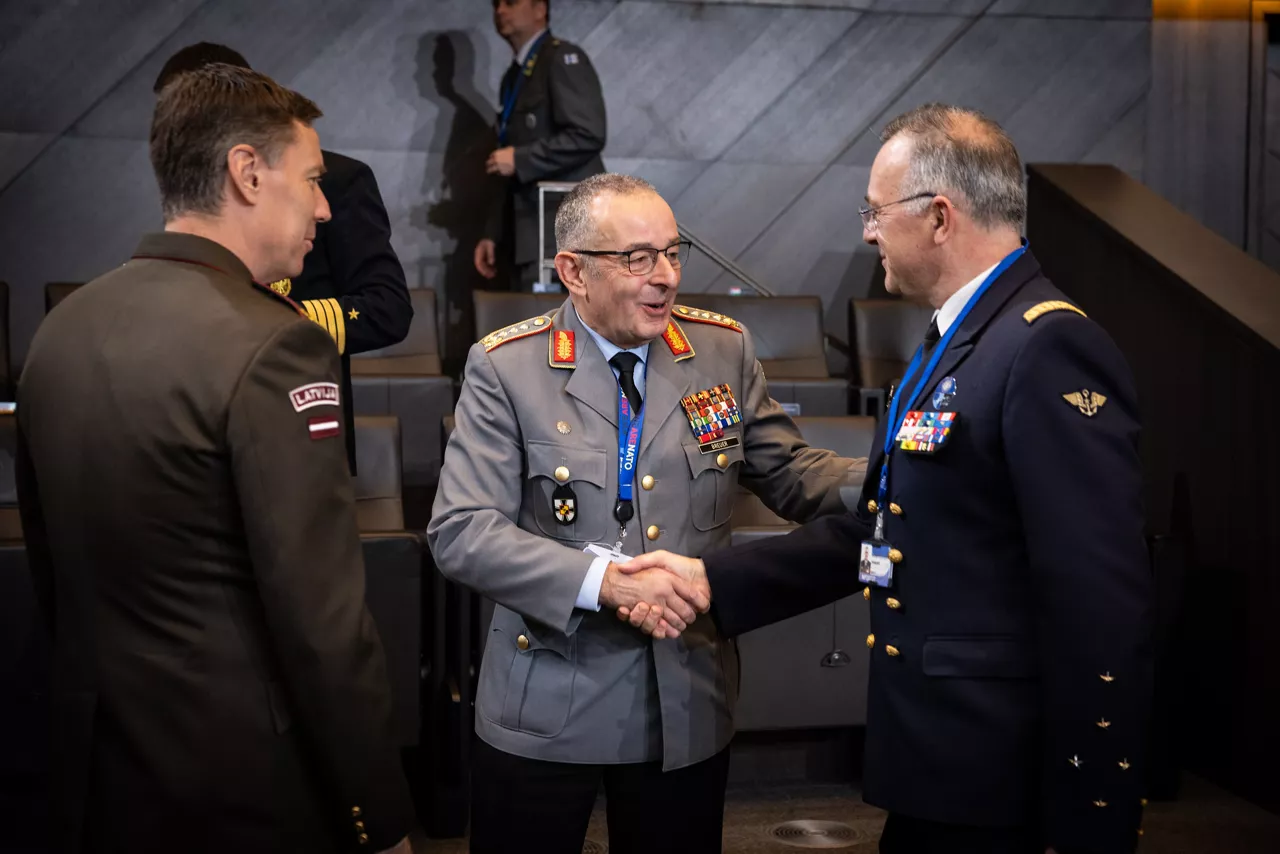 Left to Right - The Chief of Defence of Latvia, Major General Kaspars Pudāns; the Chief of Defence of Germany, General Carsten Breuer; Supreme Allied Commander Transformation (SACT), Admiral Pierre Vandier.
