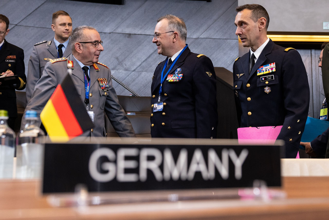 Left to Right - The Chief of Defence of Germany, General Carsten Breuer; Supreme Allied Commander Transformation (SACT), Admiral Pierre Vandier; the Military Representative of France, Lieutenant General Cyril Carcy.
