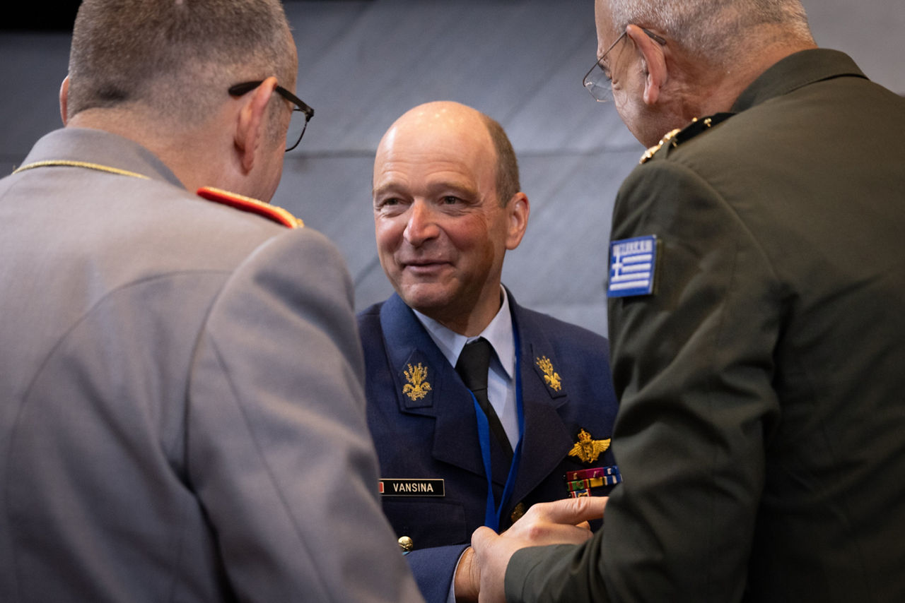 Left to Right - The Chief of Defence of Germany, General Carsten Breuer; the Chief of Defence of Belgium, General Frederik Vansina; the Chief of Defence of Greece, General Dimitrios Choupis.
