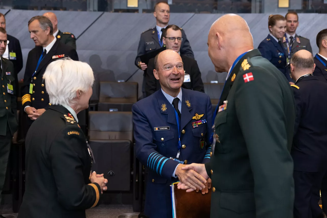 Left to Right - The Chief of Defence of Canada, General Jennie Carignan; the Chief of Defence of Belgium, General Frederik Vansina; the Chief of Defence of Demark, General Michael Wiggers Hyldgaard.
