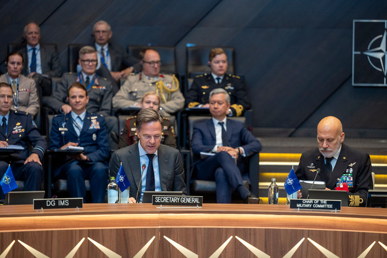 Left to Right - NATO Secretary General Mark Rutte and the Chair of the NATO Military Committee, Admiral Giuseppe Cavo Dragone.