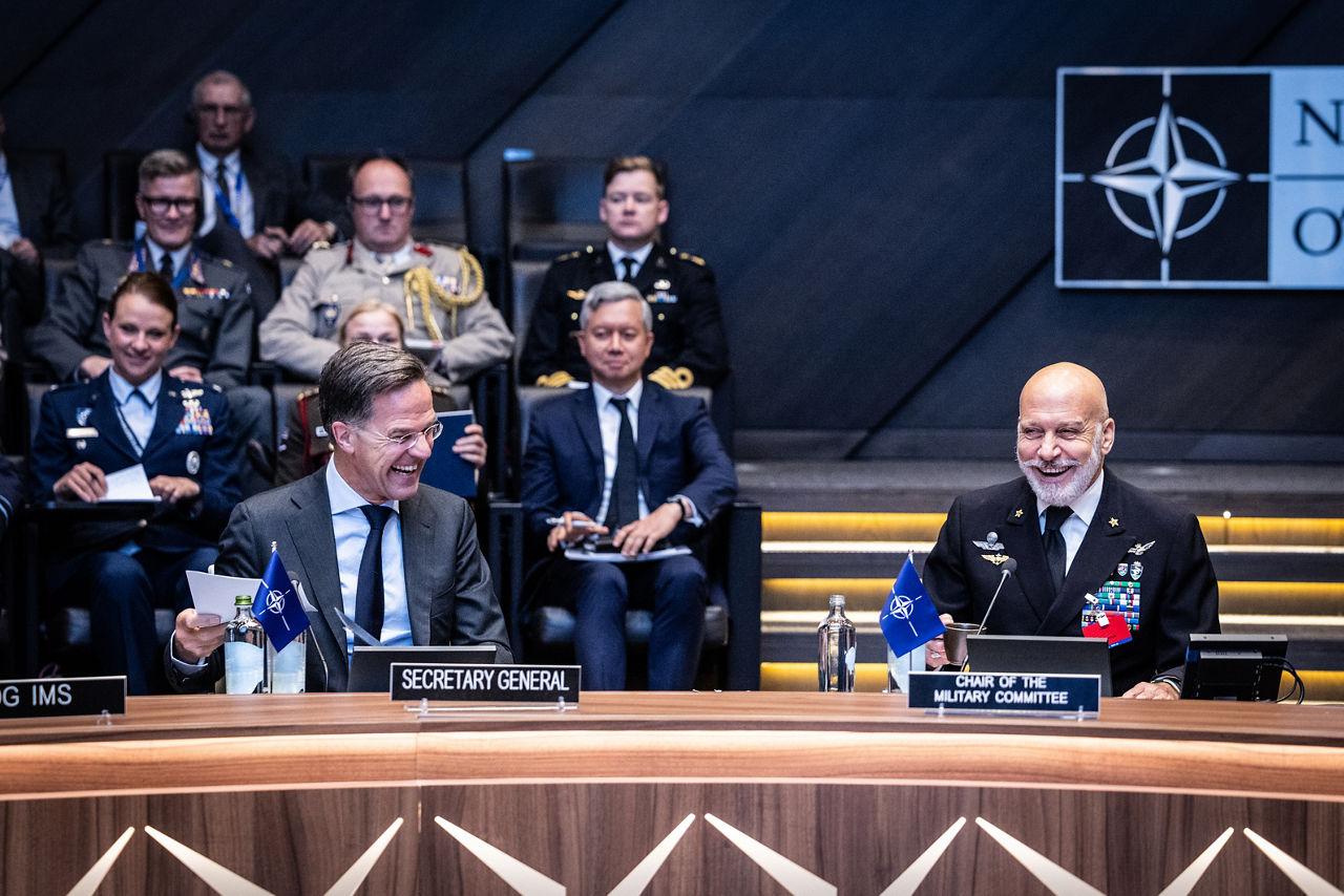 Left to Right - NATO Secretary General Mark Rutte and the Chair of the NATO Military Committee, Admiral Giuseppe Cavo Dragone.