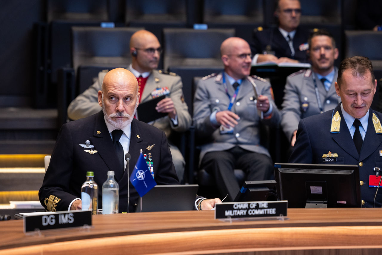 Left to Right - The Chair of the NATO Military Committee (CMC) Admiral Giuseppe Cavo Dragone with the Secretary to the NATO Military Committee, Brigadier General Jozsef Szucs.

