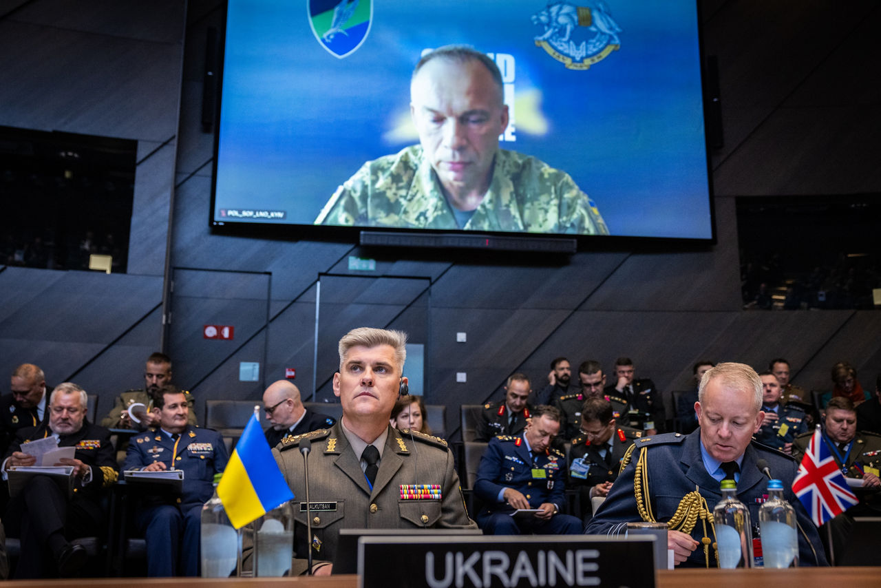 The Chief of Defence of Ukraine, General Oleksandr Syrskyi connected via VTC, and the Military Representative of Ukraine, Major General Serhii Salkutsan.