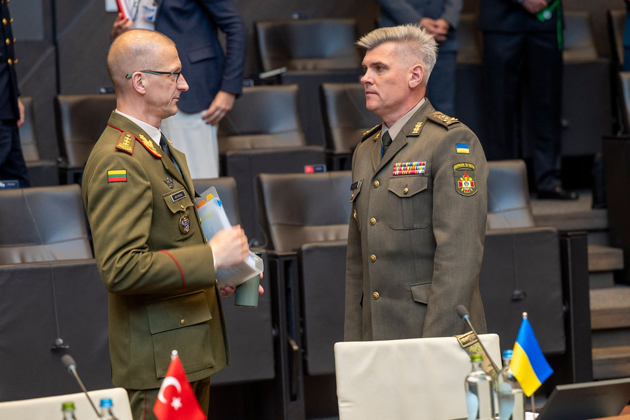 Left to Right - The Director General of the International Military Staff (DGIMS), Lieutenant General Remigijus Baltrėnas with the Military Representative of Ukraine, Major General Serhii Salkutsan.