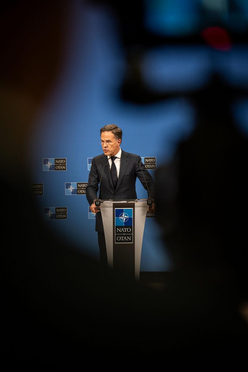 NATO Secretary General Mark Rutte briefs the press ahead of the meeting of NATO Ministers of Foreign Affairs