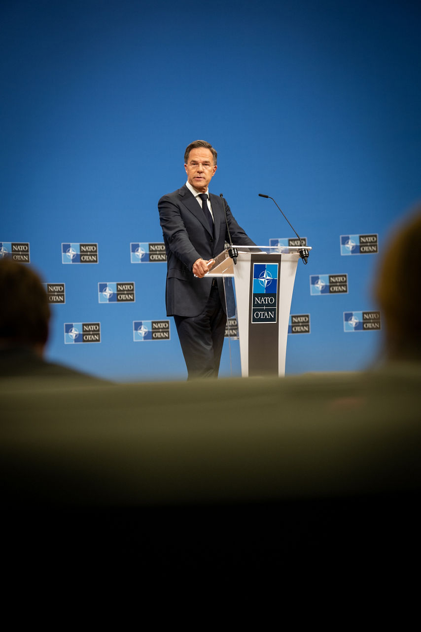 NATO Secretary General Mark Rutte briefs the press ahead of the meeting of NATO Ministers of Foreign Affairs