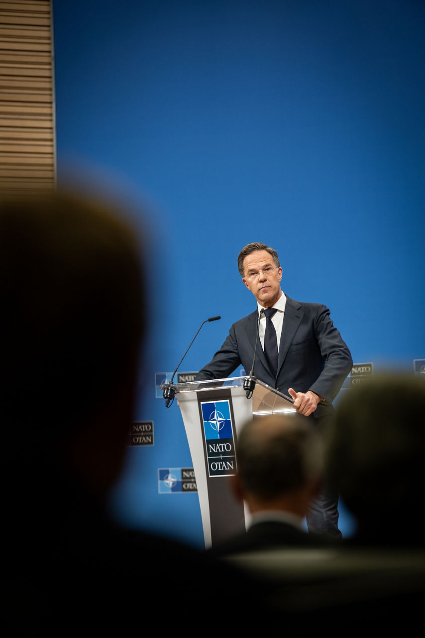NATO Secretary General Mark Rutte briefs the press ahead of the meeting of NATO Ministers of Foreign Affairs