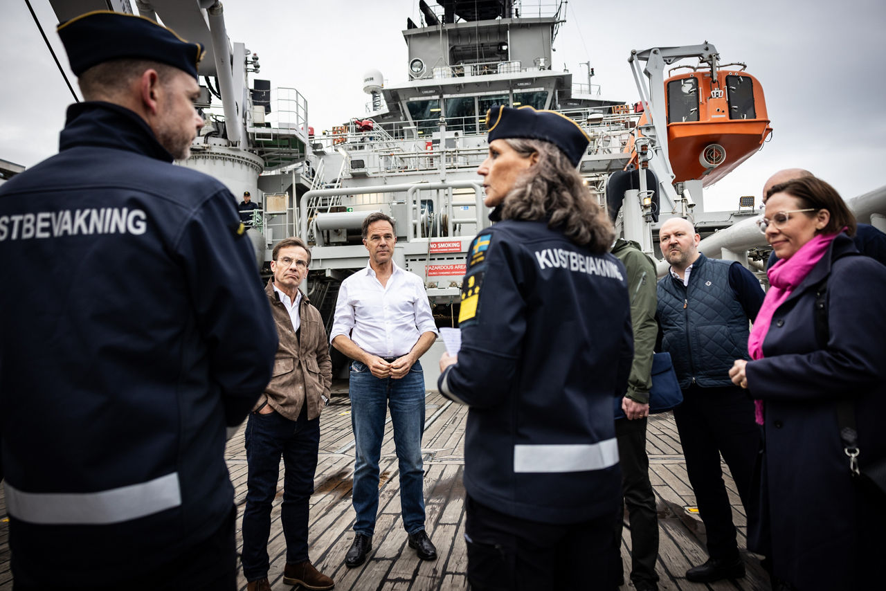 NATO Secretary General Mark Rutte with Ulf Kristersson, Prime Minister, Maria Malmer Stenergard, Minister of Foreign Affairs, Pål Jonson, Minister of Defence and Carl-Oskar Bohlin, Minister for Civil Defence at the Swedish Coast Guard Ship Amfitrite