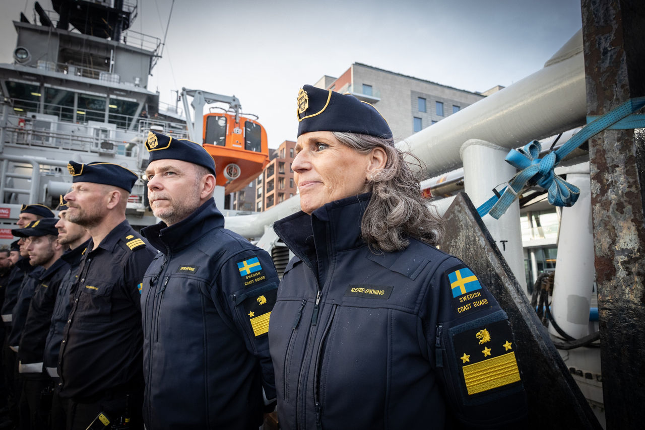 NATO Secretary General Mark Rutte with the crew of the Swedish Coast Guard Ship Amfitrite