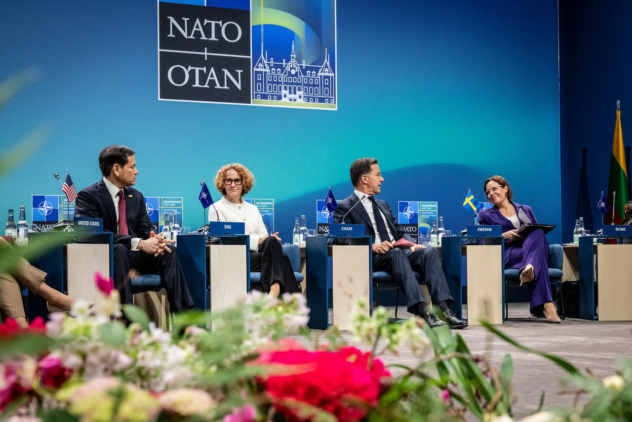 Marco Rubio (US Secretary of State), NATO Deputy Secretary General Radmila Shekerinska, NATO Secretary General Mark Rutte and Maria Malmer Stenergard (Minister of Foreign Affairs, Sweden)
