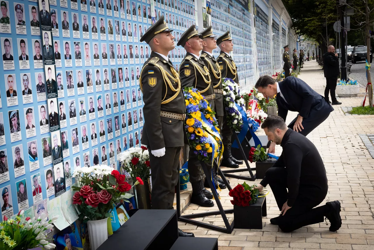 NATO Secretary General Mark Rutte and Volodymyr Zelenskyy, President of Ukraine, in a wreath-laying ceremony at the Wall of Remembrance of the Fallen for Ukraine